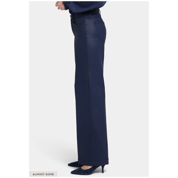 NYDJ Teresa Wide-Leg Faux Leather Pants navy button zip 5 pockets sz 12 starless - Picture 14 of 16